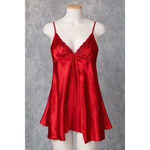 Jessica Intimates Y2K Red Satin Lace Trim Babydoll Slip Dress Chemise  Small